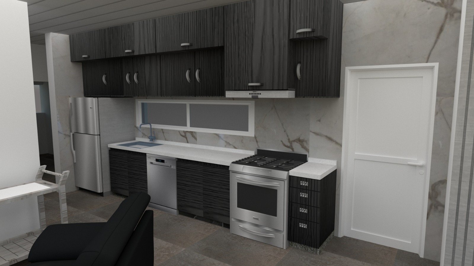 Cocina moderna con muebles de madera oscura y paredes de mármol — proyecto DISEÑOS, por Kardiona, en Villa Elisa
